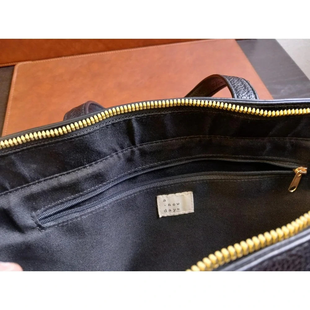 A New Day Black Pebbled Faux Leather‎ Triple Compartment Tote Crossbody Bag